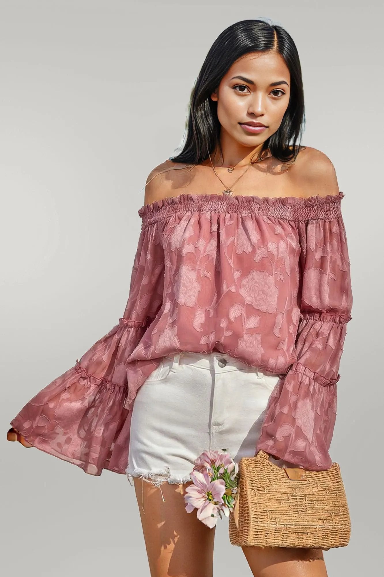 Solid Off Shoulder Flared Sleeve Flowy Blouse