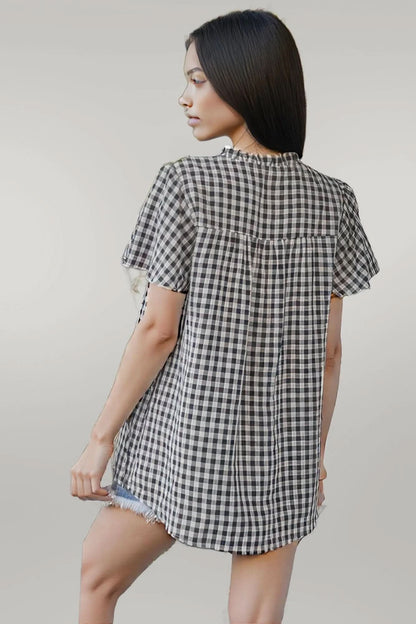 Gingham V Neck Plaid Loose Drawstring Blouse