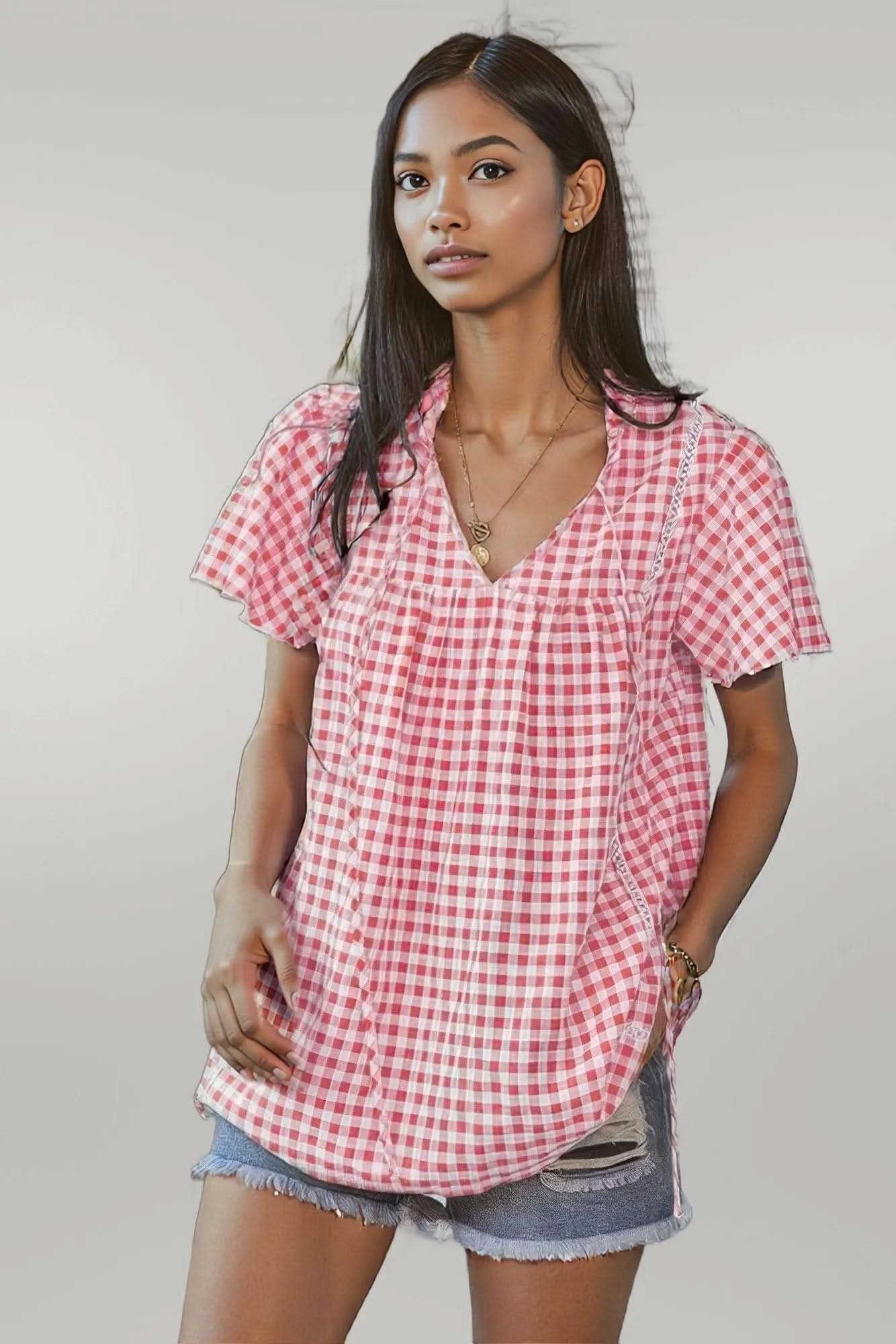 Gingham V Neck Plaid Loose Drawstring Blouse