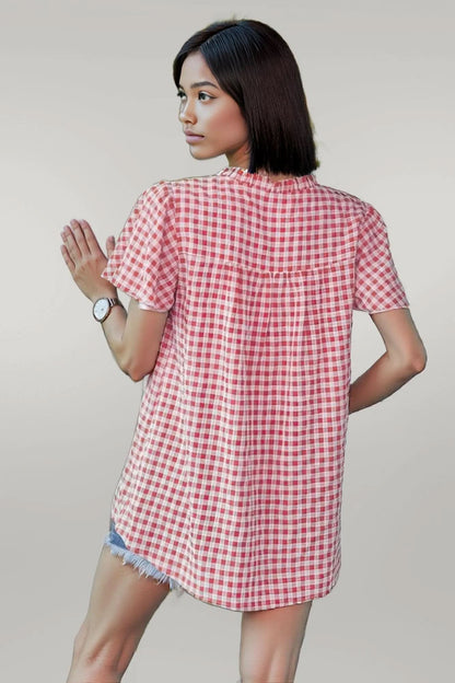 Gingham V Neck Plaid Loose Drawstring Blouse
