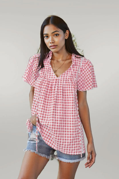 Gingham V Neck Plaid Loose Drawstring Blouse Pink
