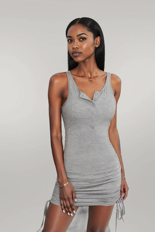Ruched Drawstring Sleeveless Button Down Short Dress Grey