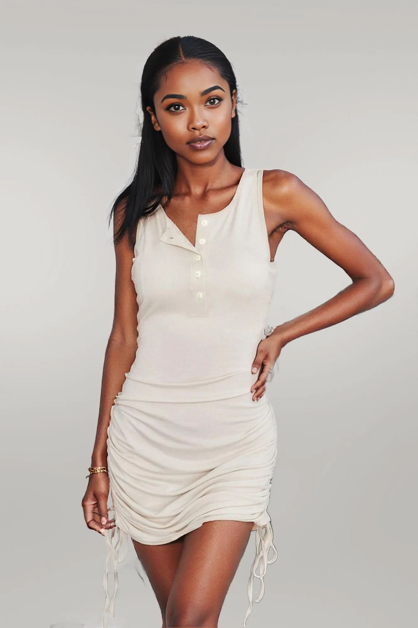Ruched Drawstring Sleeveless Button Down Short Dress