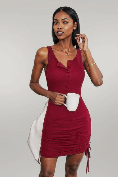 Ruched Drawstring Sleeveless Button Down Short Dress Wine