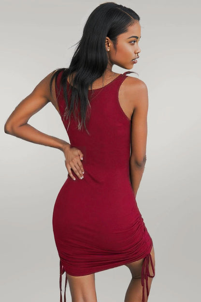 Ruched Drawstring Sleeveless Button Down Short Dress
