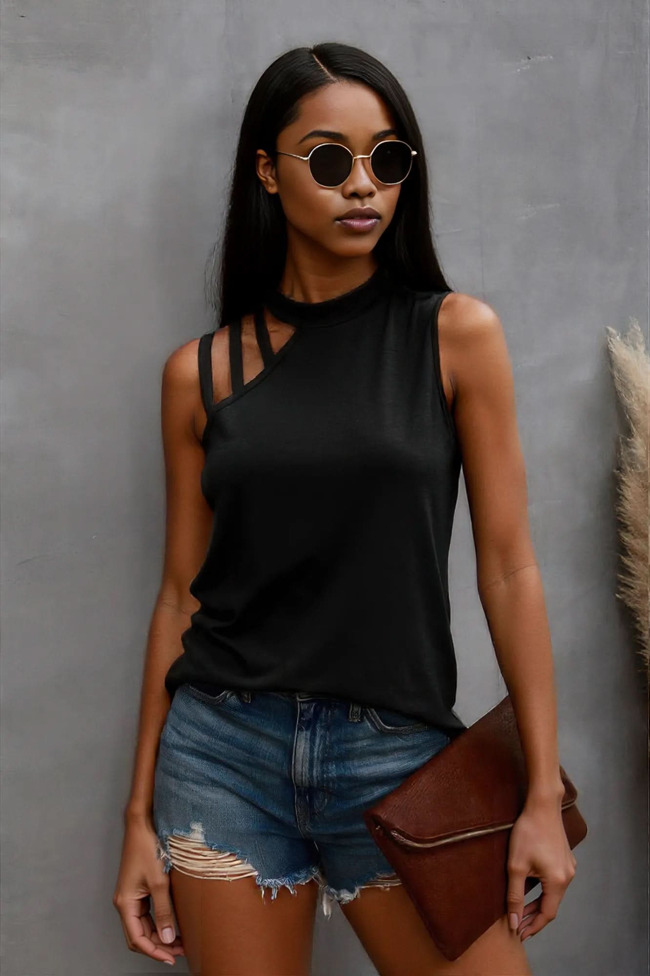 Solid Cold Cut Out Shoulder Sleeveless Top Black