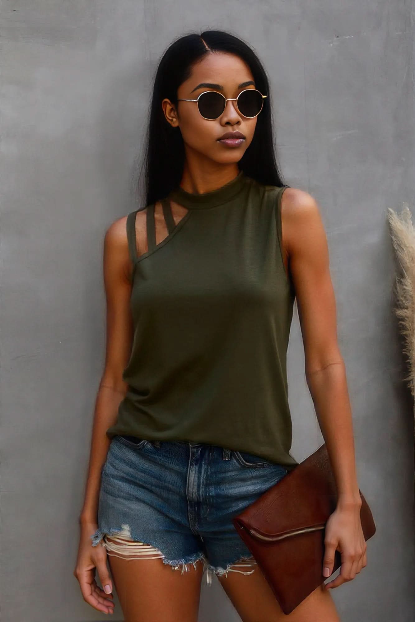 Solid Cold Cut Out Shoulder Sleeveless Top Olive