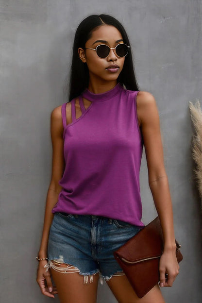Solid Cold Cut Out Shoulder Sleeveless Top Purple