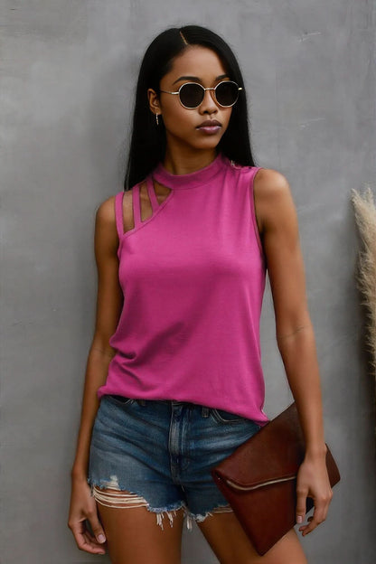 Solid Cold Cut Out Shoulder Sleeveless Top Fuchsia