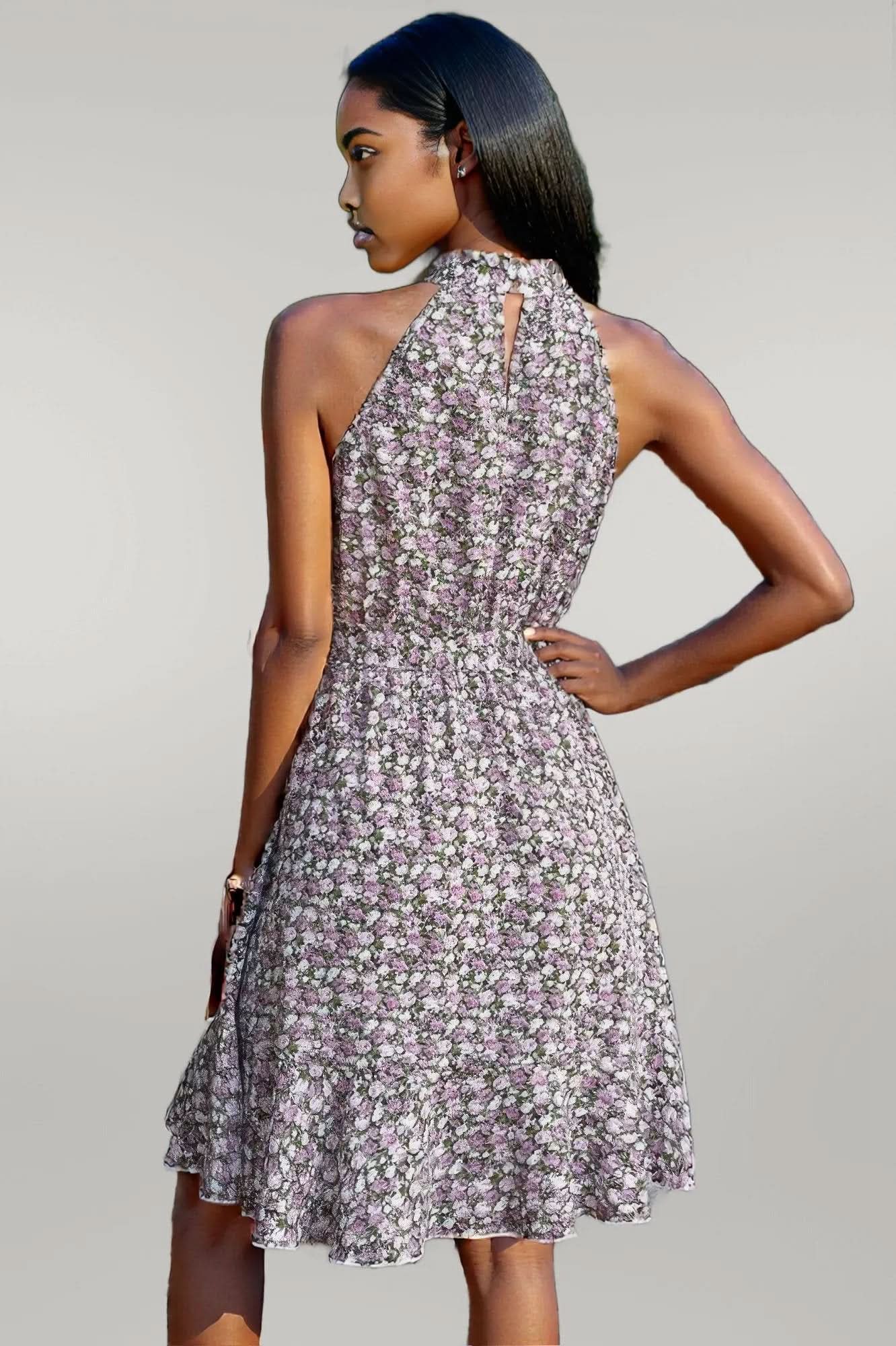 Halter Neck Sleeveless Floral Print Ruffle Dress Black