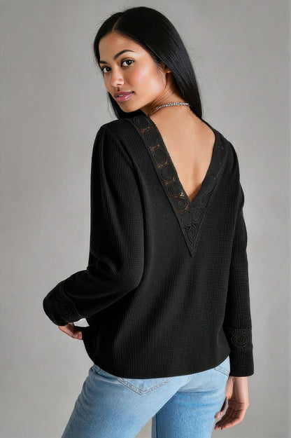 Knit Solid Double Wearing Lace V Neck Loose Top