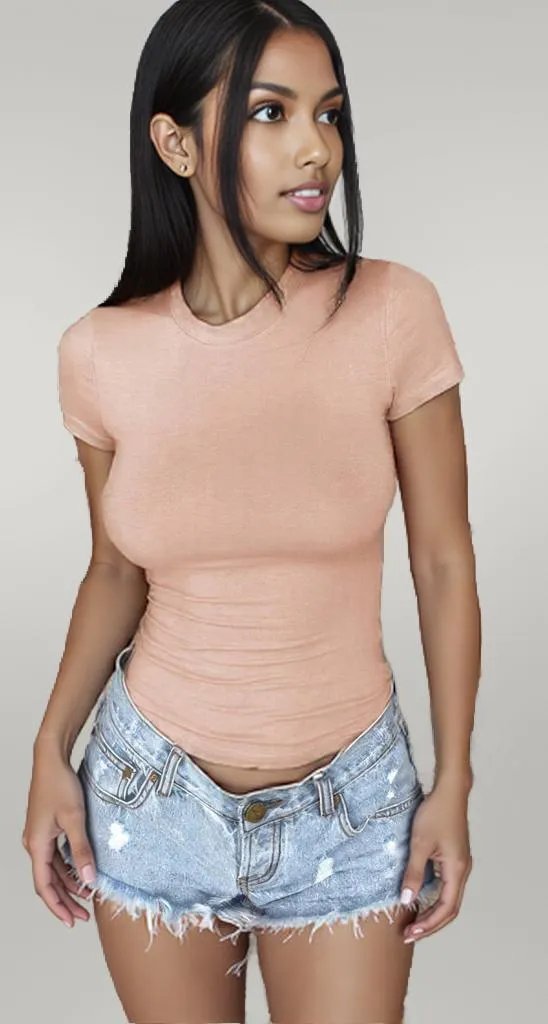 Scoop Neck Short Sleeve Crop Slim T Shirt Beige