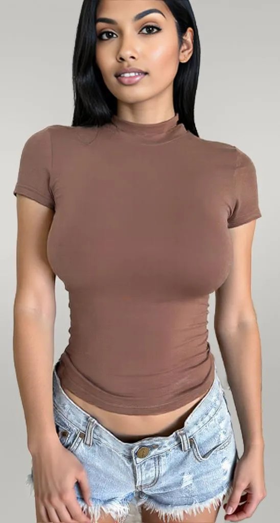 Scoop Neck Short Sleeve Crop Slim T Shirt Brown