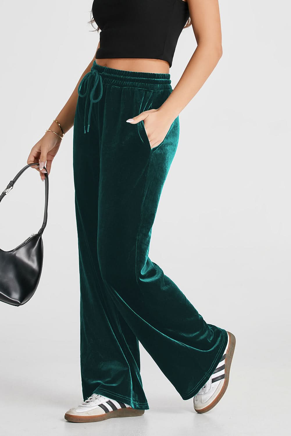 Black Solid Drawstring Waist Wide Leg Pants Evergreen 95%Polyester+5%Elastane