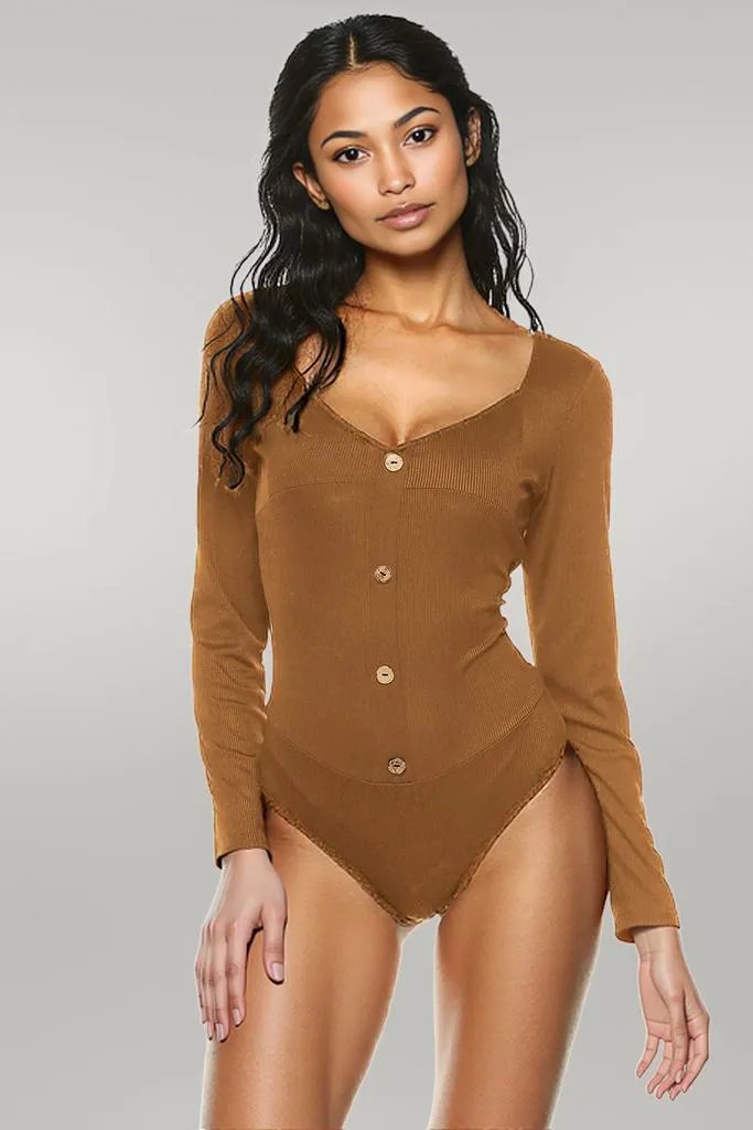 Button Detail Bodysuit Caramel
