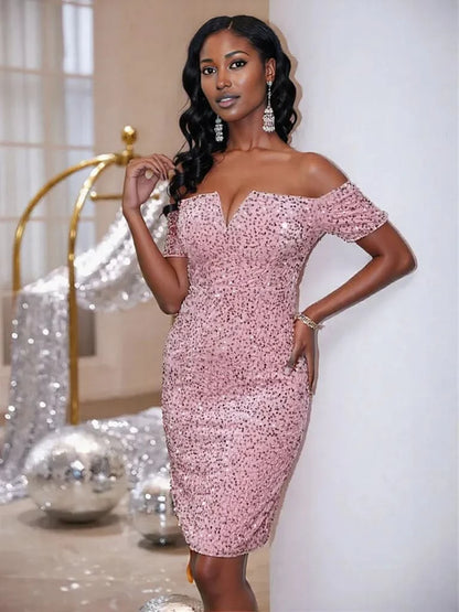 Slit Sequin Off-Shoulder Mini Dress