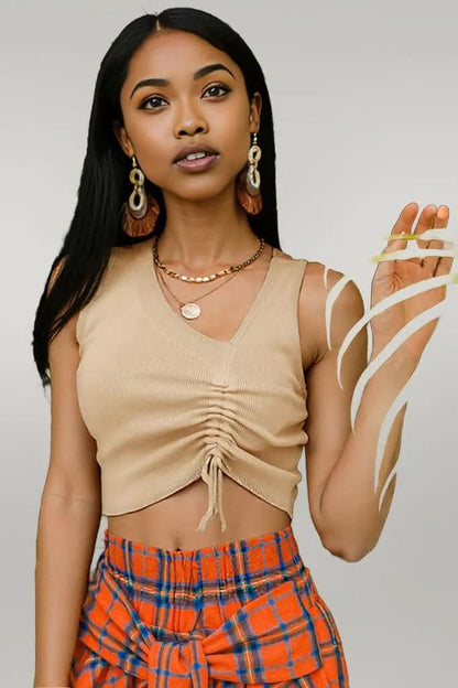 Drawstring Ruched Asymmetrical Neck Cropped Knit Top Tan One Size