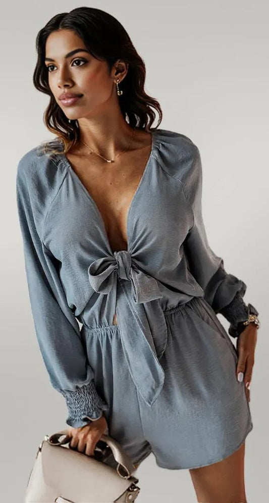 Tied Flounce Sleeve Plunge Romper Cloudy Blue