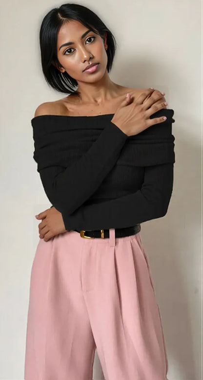 Off-Shoulder Long Sleeve Knit Top