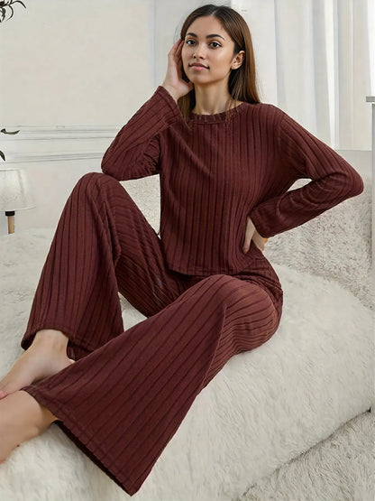 Ribbed Round Neck Long Sleeve Top and Pants Lounge Set