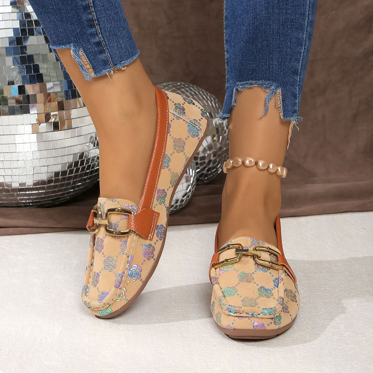 Floral PU Leather Flat Loafers Sherbet