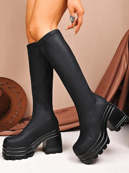 Square Toe Platform Block Heels Boots Black