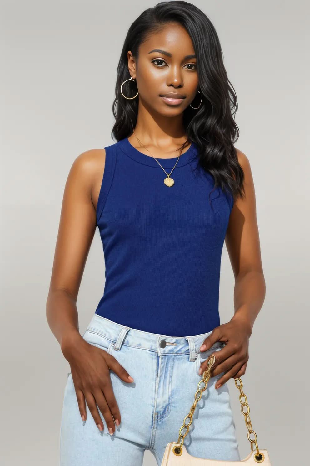 Blue Solid Round Neck Ribbed Tank Top