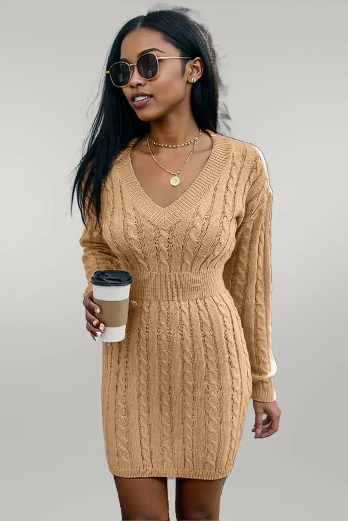 Cable-Knit V-Neck Long Sleeve Mini Sweater Dress