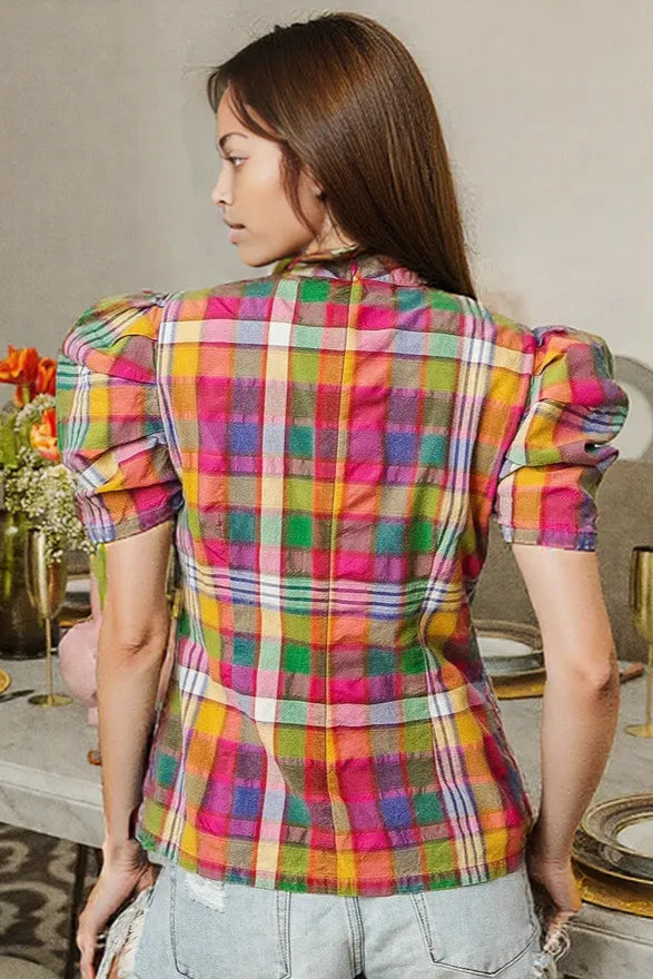 BiBi Short Puff Sleeve Washed Vintage Plaid Top STAINED GLASS