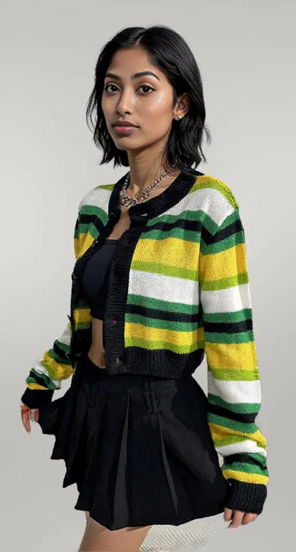 Striped Button Up Contrast Cropped Cardigan