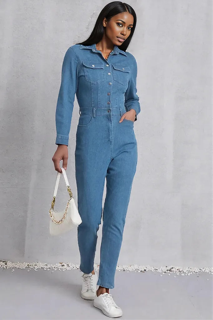 Snap Down Denim Jumpsuit with Pockets