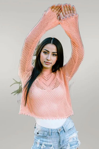 Openwork Round Neck Long Sleeve Knit Top Peach