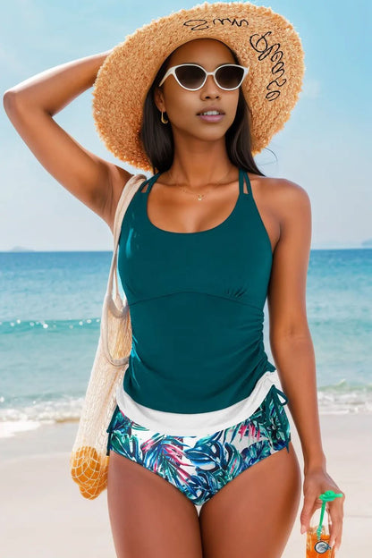 Mineral Red Drawstring Tummy Control Mix-and-match 2pcs Tankini Swimsuit Sea Green 82%Polyamide+18%Elastane