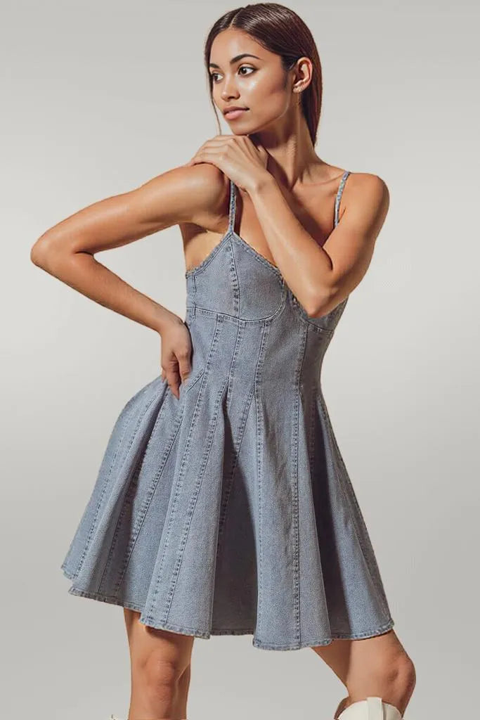 SO ME A Line Fit and Flare Denim Mini Dress DENIM