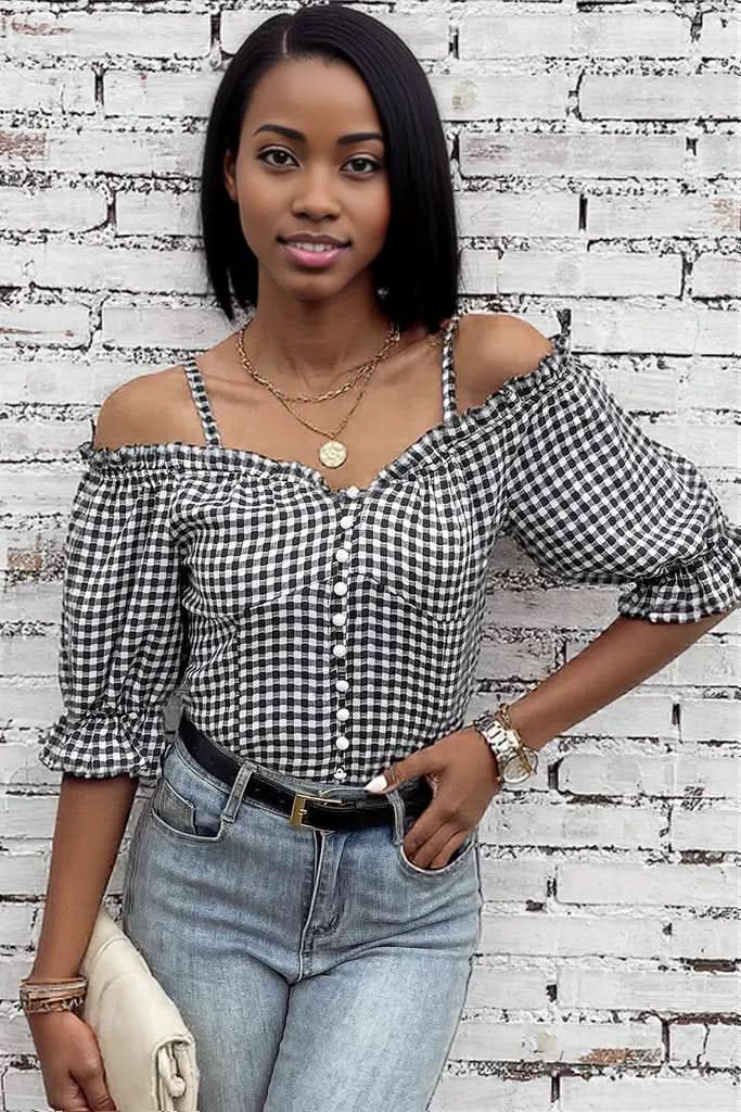 Plaid Buttoned Sweetheart Neck Cold-Shoulder Top