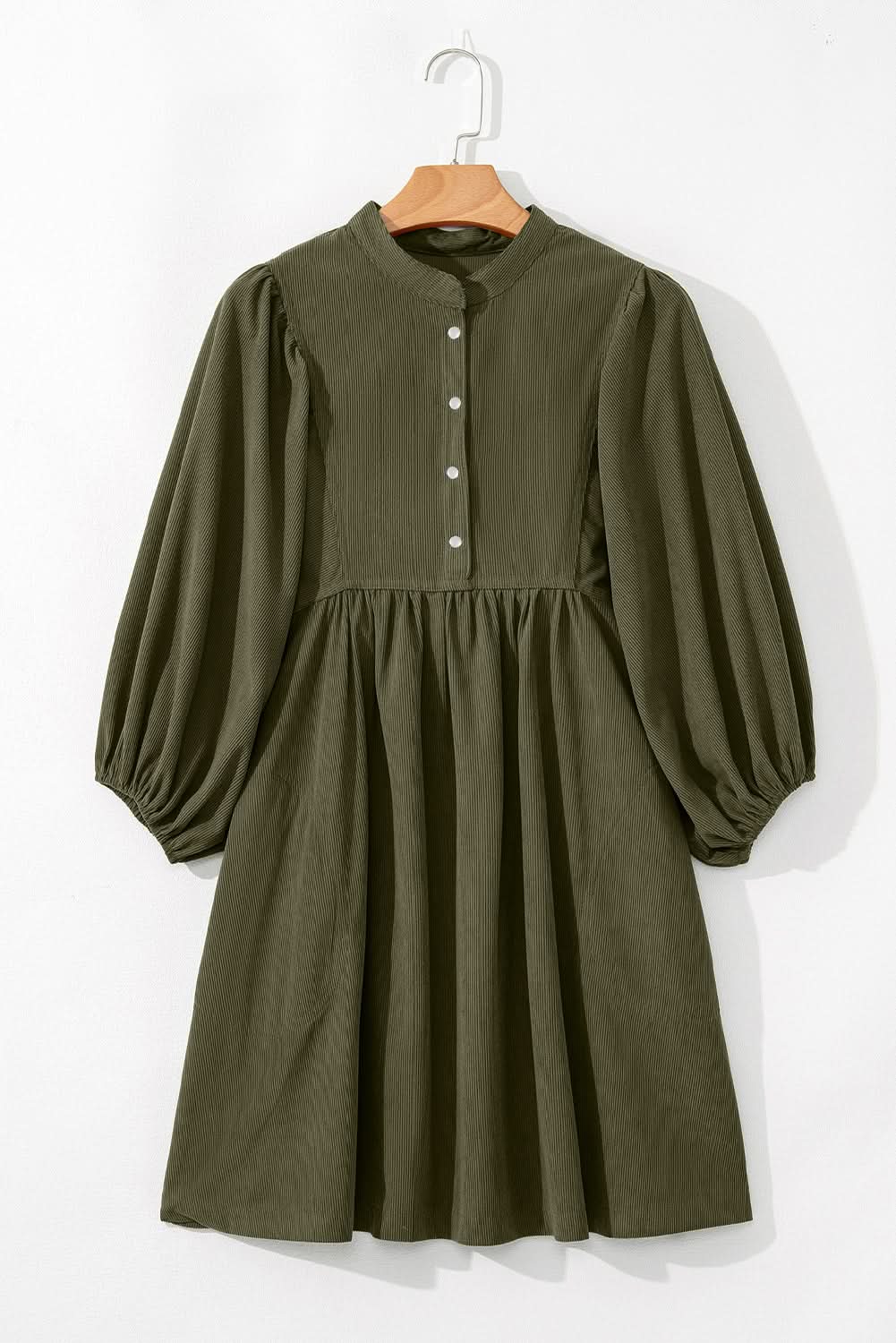 Vineyard Green Corduroy Snap Buttons Empire Waist Bracelet Sleeve Dress