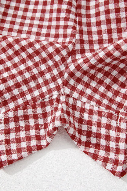 Red Plaid Gingham Printed High Waist Shorts Red Stripe 100%Polyester
