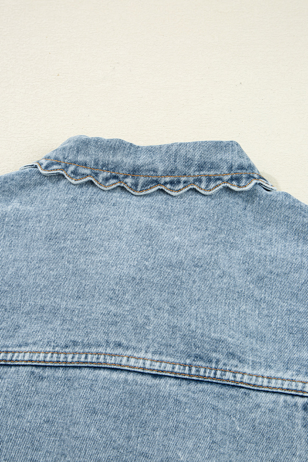 Sail Blue Scallop Trim Collar Patched Pocket Button Up Denim Jacket Myosotis 75%Cotton+25%Polyester