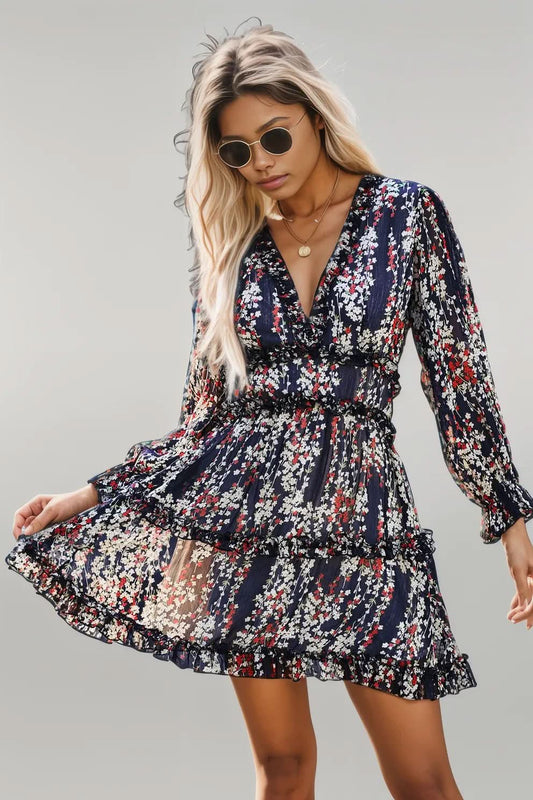 Blue Ruffle Detailing Open Back Floral Dress