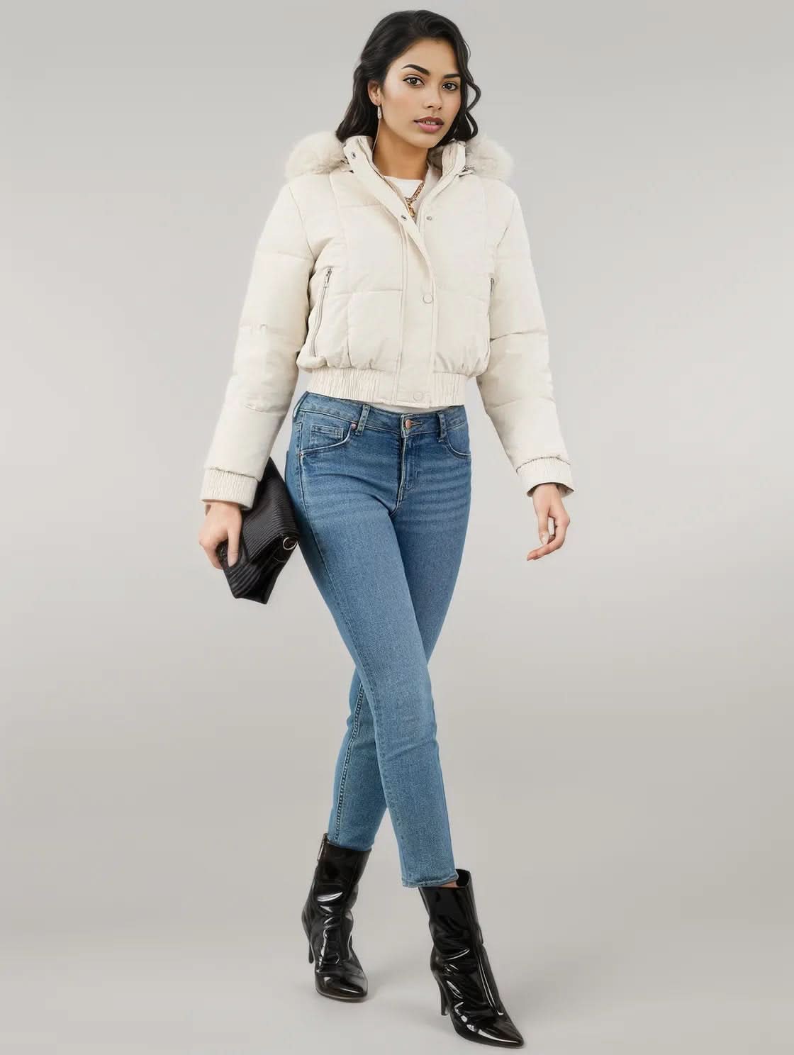 Pocketed Long Sleeve Cropped Hooded Winter Coat