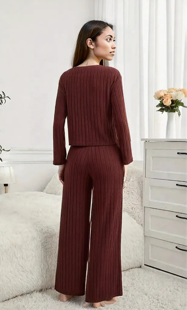 Ribbed Round Neck Long Sleeve Top and Pants Lounge Set