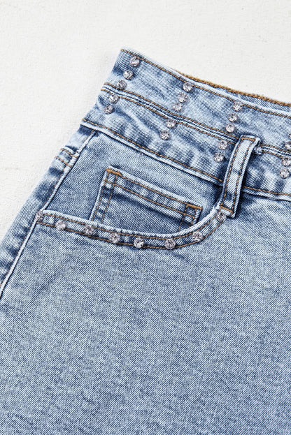 Beau Blue Rhinestone Light Wash Raw Hem High Waist Denim Shorts