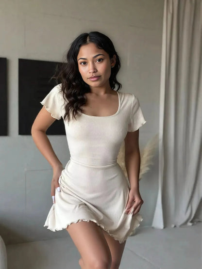 Ribbed Back Lace Up Short Sleeve Mini Dress