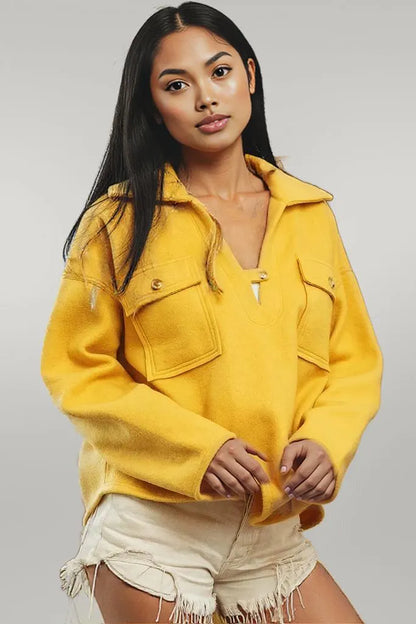 BiBi Flap Pockets Fleece Collared Sweatshirt