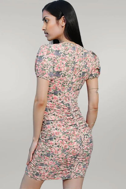 Floral Puff Sleeve Ruched Plunge Dress