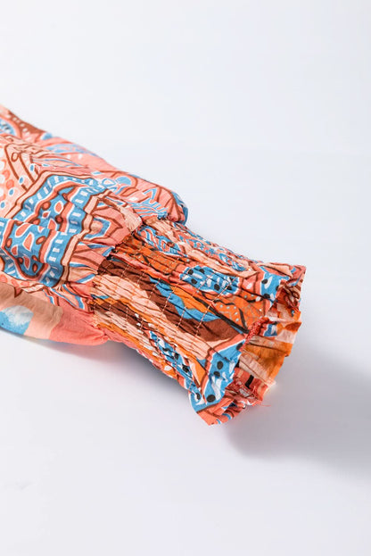 Orange Floral Print Shirred Cuff Buttoned Loose Shirt Orange 81%Viscose+19%Polyamide