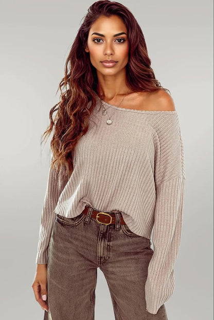 Beige Lettuce Cuffs Drop Shoulder Loose Ribbed Knit Top Beige 95%Polyester+5%Elastane