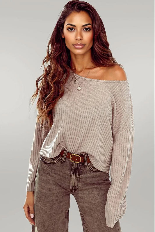 Beige Lettuce Cuffs Drop Shoulder Loose Ribbed Knit Top Beige 95%Polyester+5%Elastane