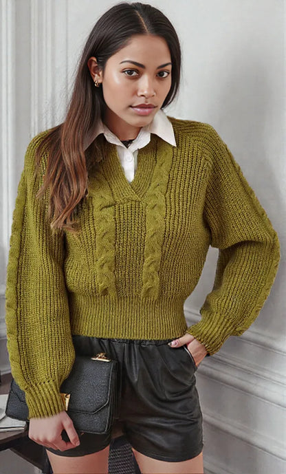 Cable-Knit Collared Neck Faux Layered Sweater