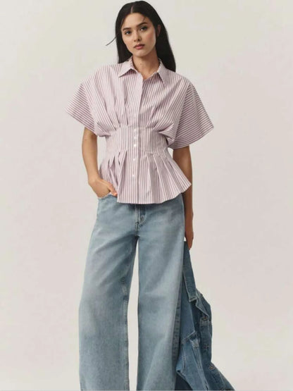 Striped Short Sleeve Button-Up Shirt Blush Pink